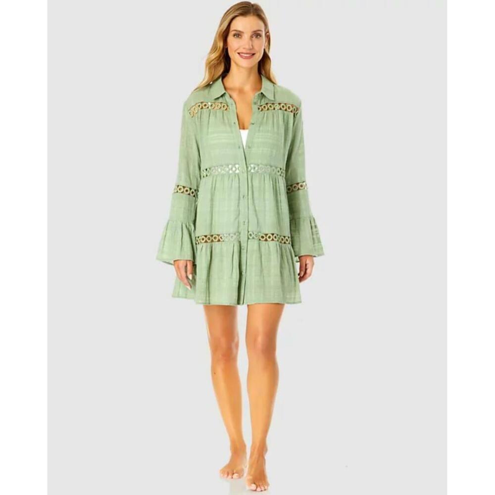 Ibiza Anne Cole Women's Button Up Crochet Trim Green Cover-Up Tunic S